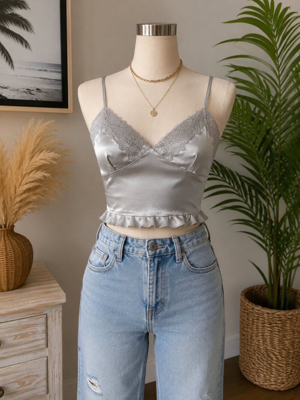 White Satin Lace Cami Tank Top